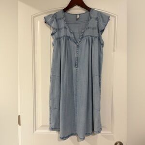 Gentle Fawn Light Blue Chambray V-Neck Ruffle Midi Dress